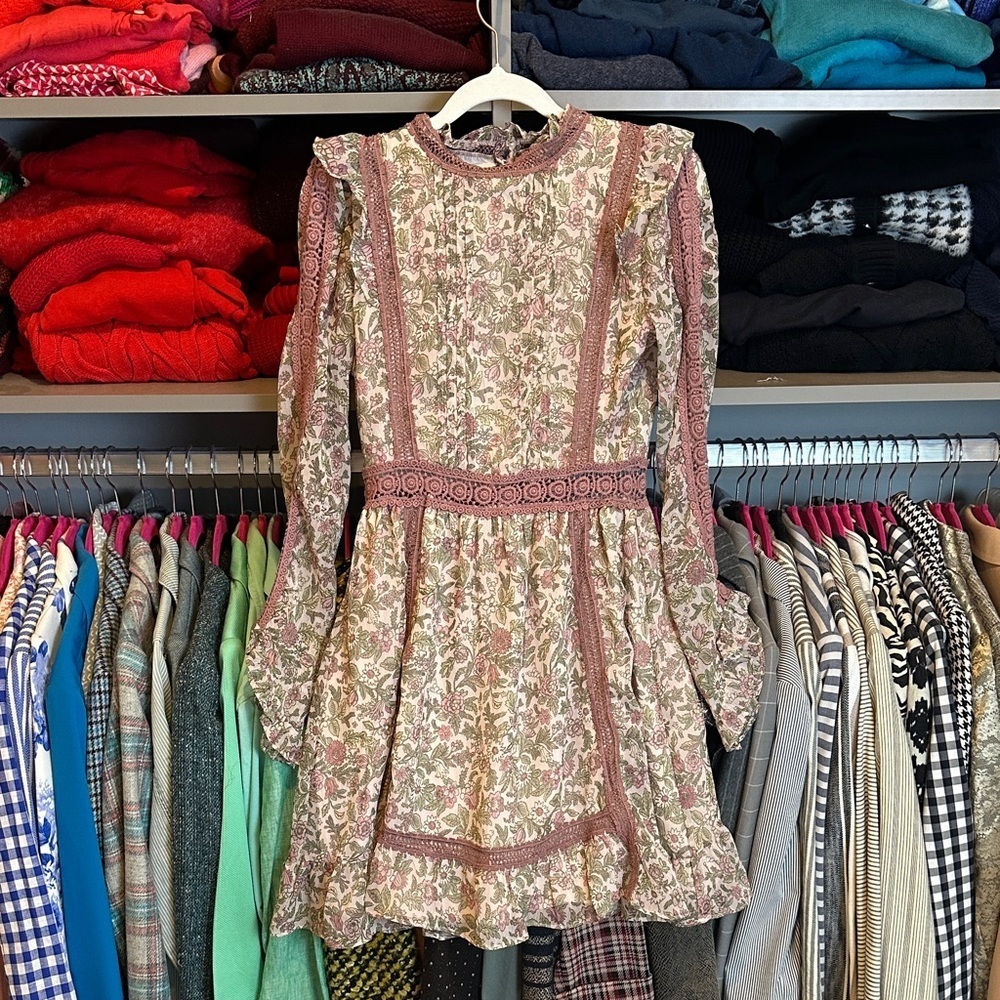 Topshop pink/sage long sleeve embroidery detail lined dress size 4